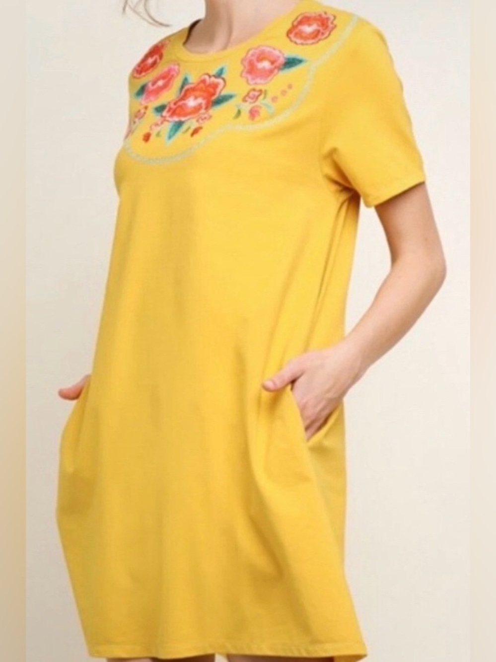 Umgee Yellow Tunic or Dress with Floral Embroidery, size Medium